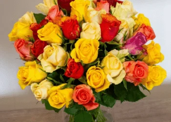 Bouquet de roses multicolores dans un vase transparent