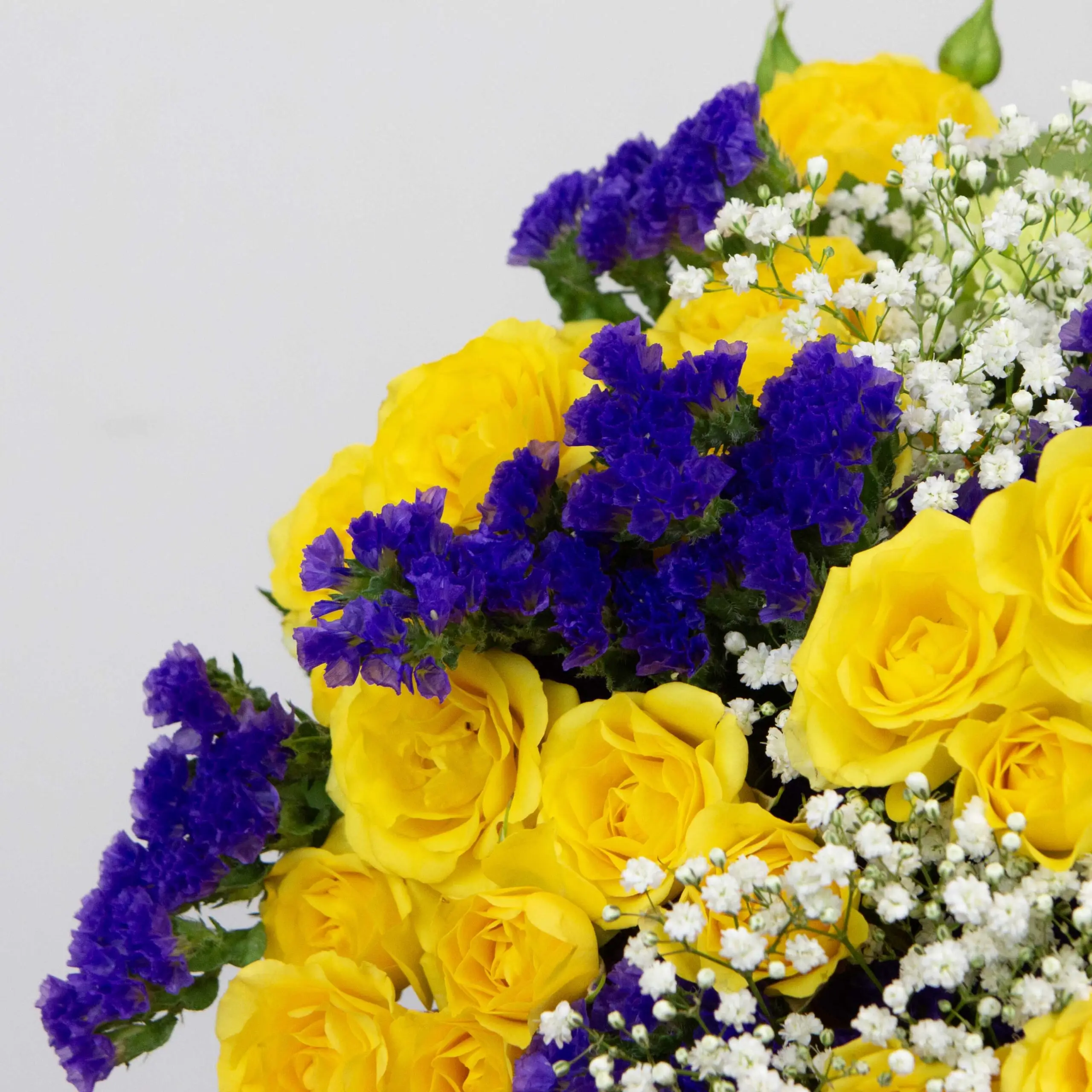 Bouquet Pétillant : roses branchues jaunes, roses branchues jaunes, gypso