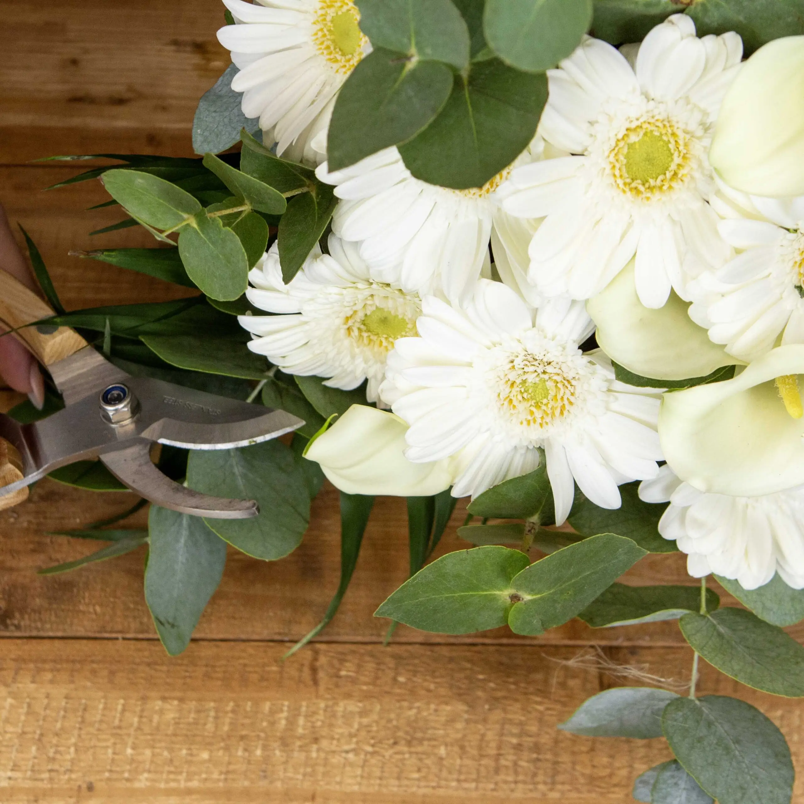 Bouquet Lumineux germinis : germinis blancs, callas blancs, tiges d’eucalyptus, chicos