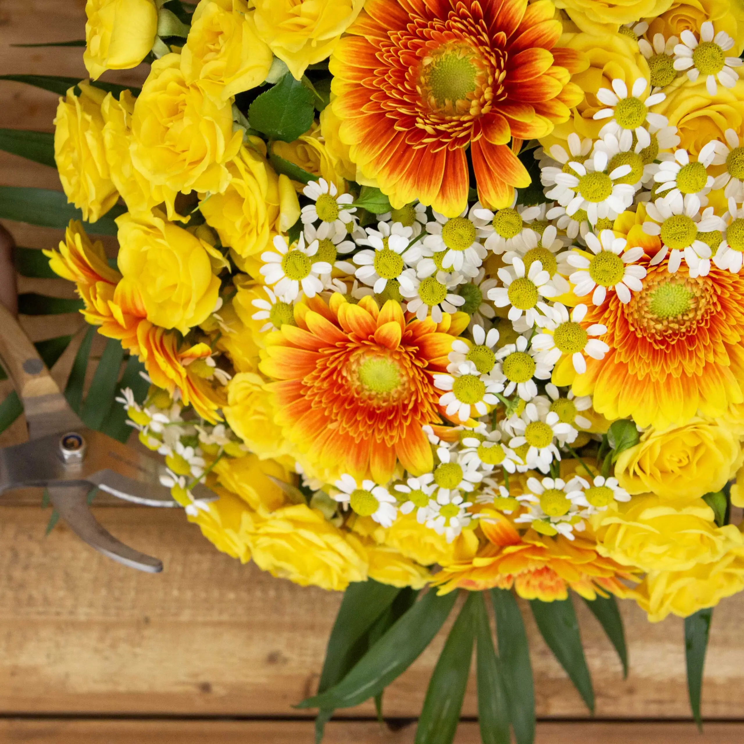 Bouquet Radieux germinis : germinis orangé/jaunes, matricaires, roses branchues jaunes, chicos