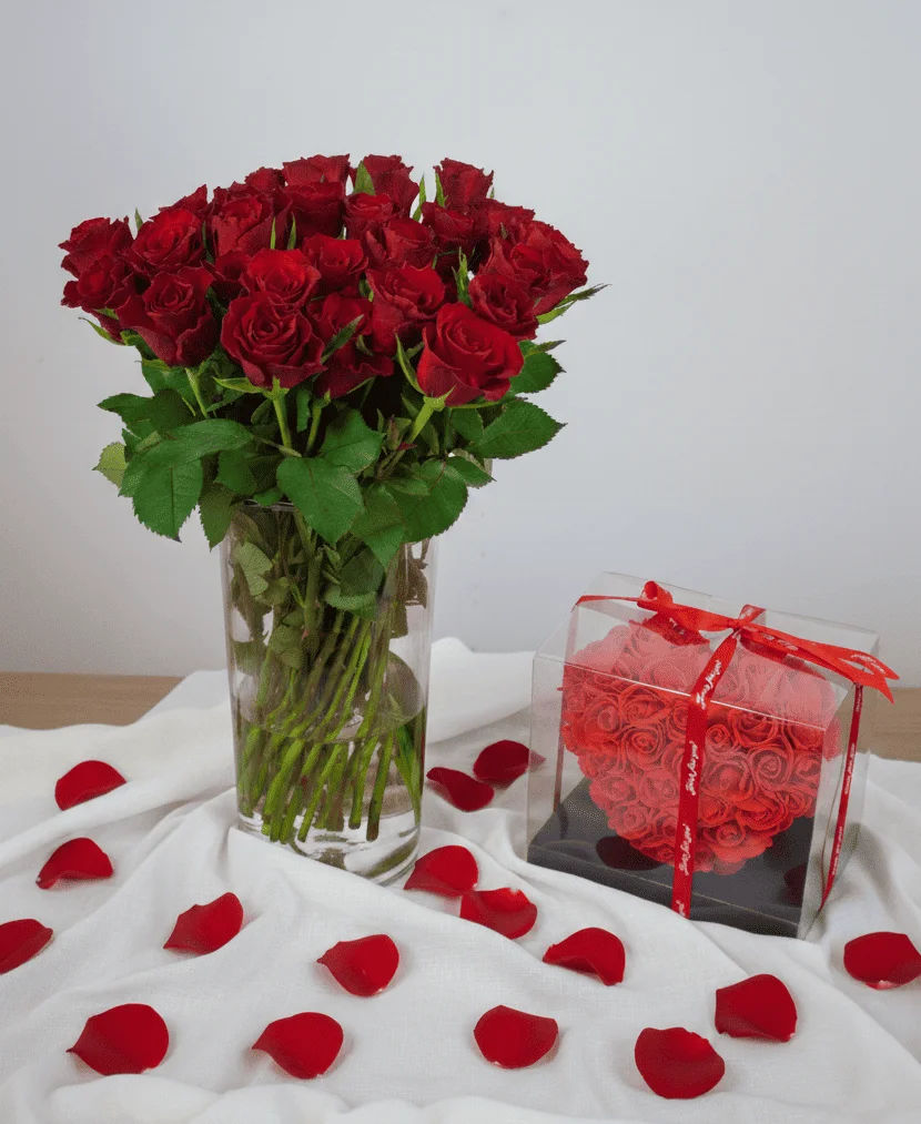 Pack Bouquet de Roses Rouges & Coeur Éternel