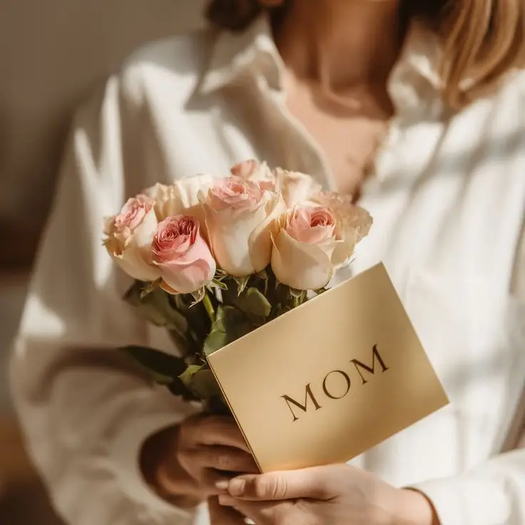 Femme tenant un bouquet de roses roses et une carte pour sa mère