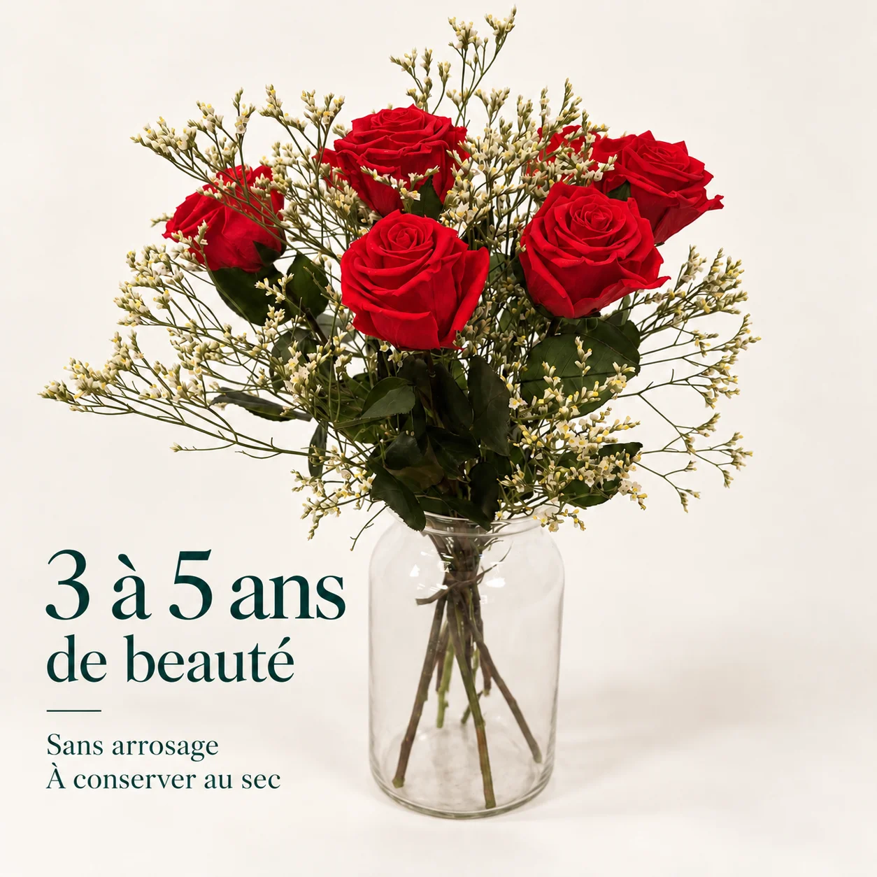 Bouquet de roses rouges stabilisées en vase – 3 à 5 ans de beauté, sans arrosage, à conserver au sec