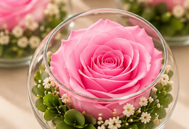 Gros plan sur une petite rose rose stabilisée dans une boule de verre