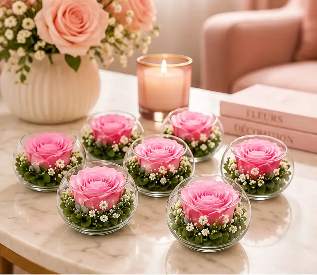 Petites roses roses stabilisées dans des boules de verre mises en situation