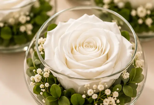 Gros plan sur une rose blanche stabilisée en boule de verre