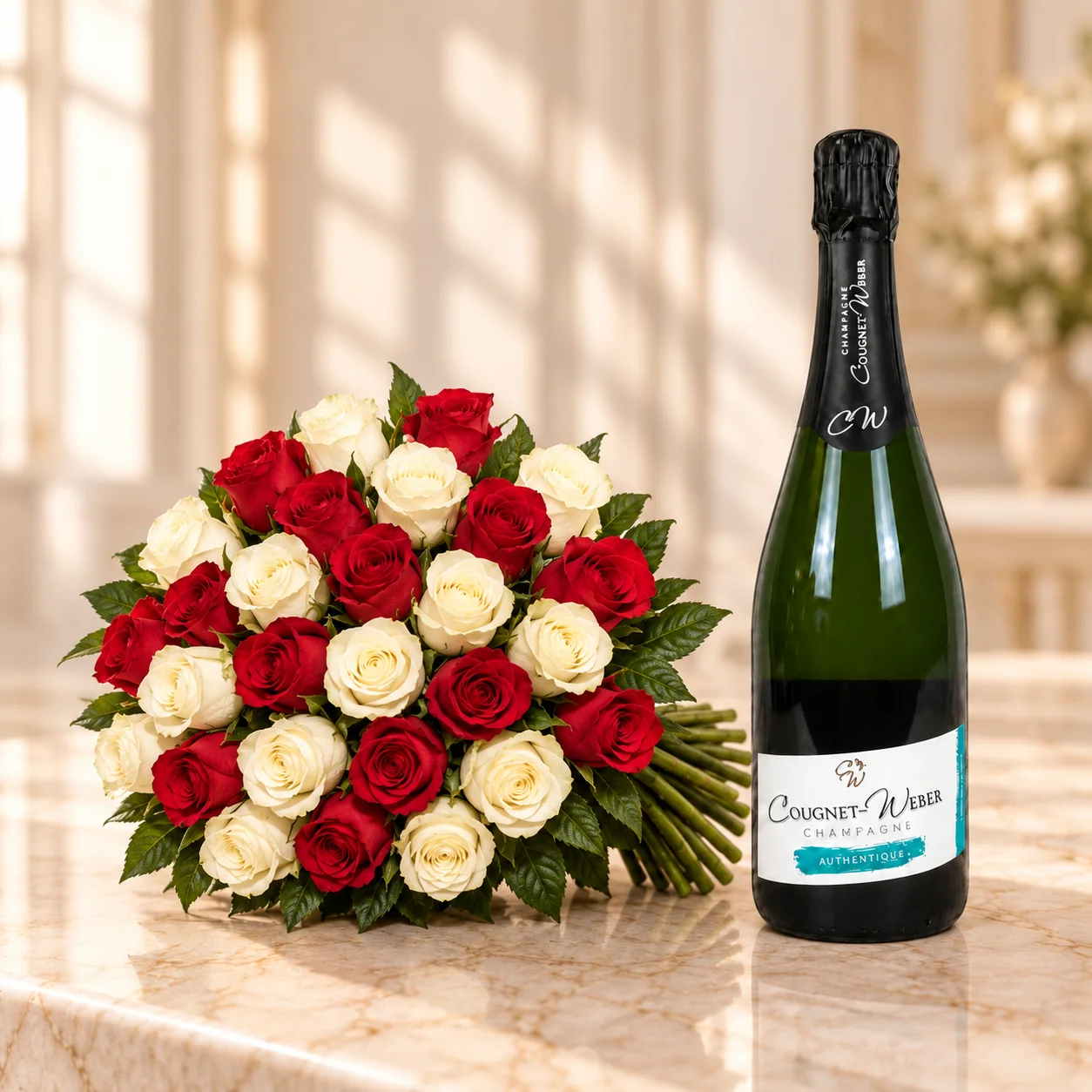 Pack Love Me 30 roses et Champagne — photo principale avec champagne Cougnet-Weber Authentique