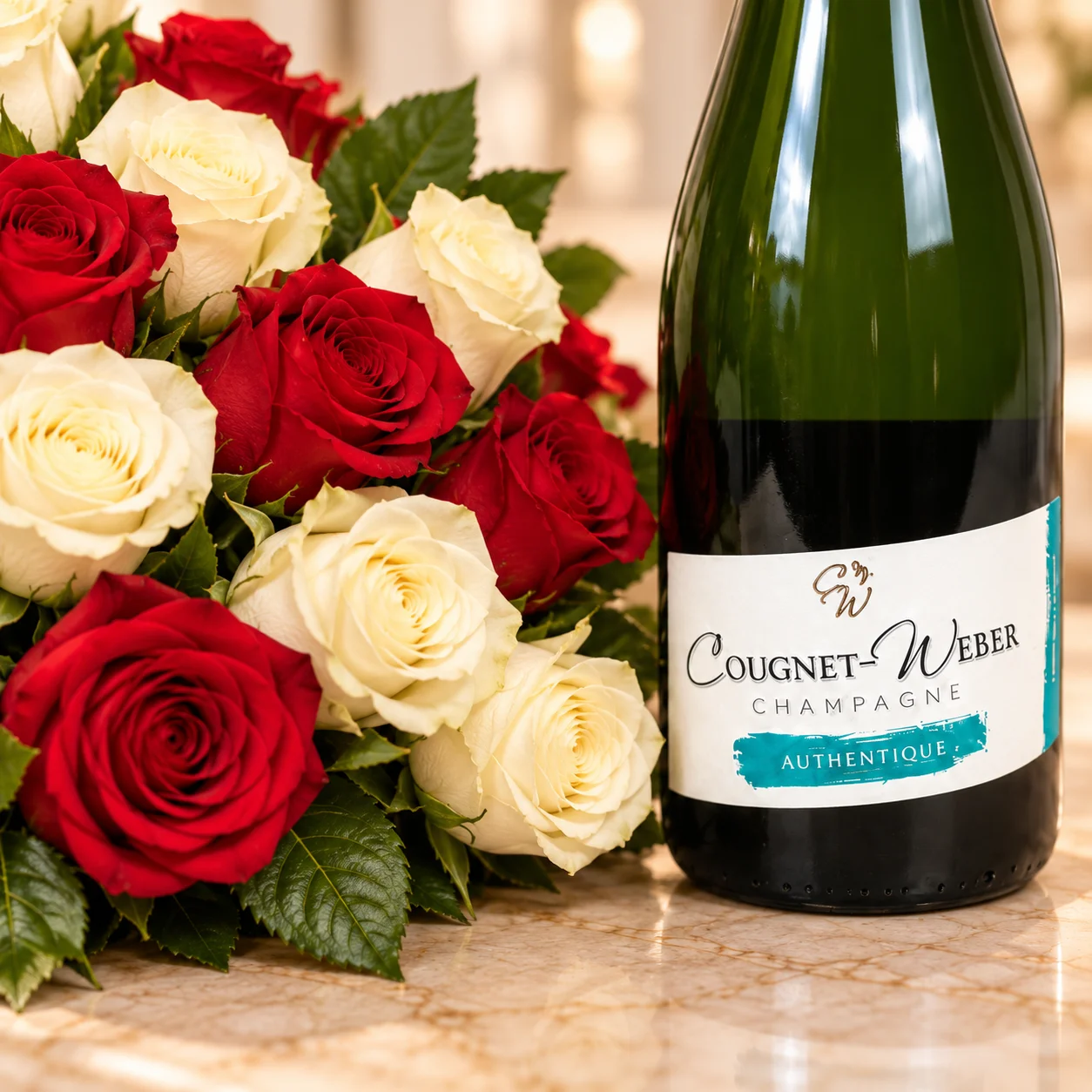 Pack Love Me et Champagne — gros plan avec champagne Cougnet-Weber Authentique