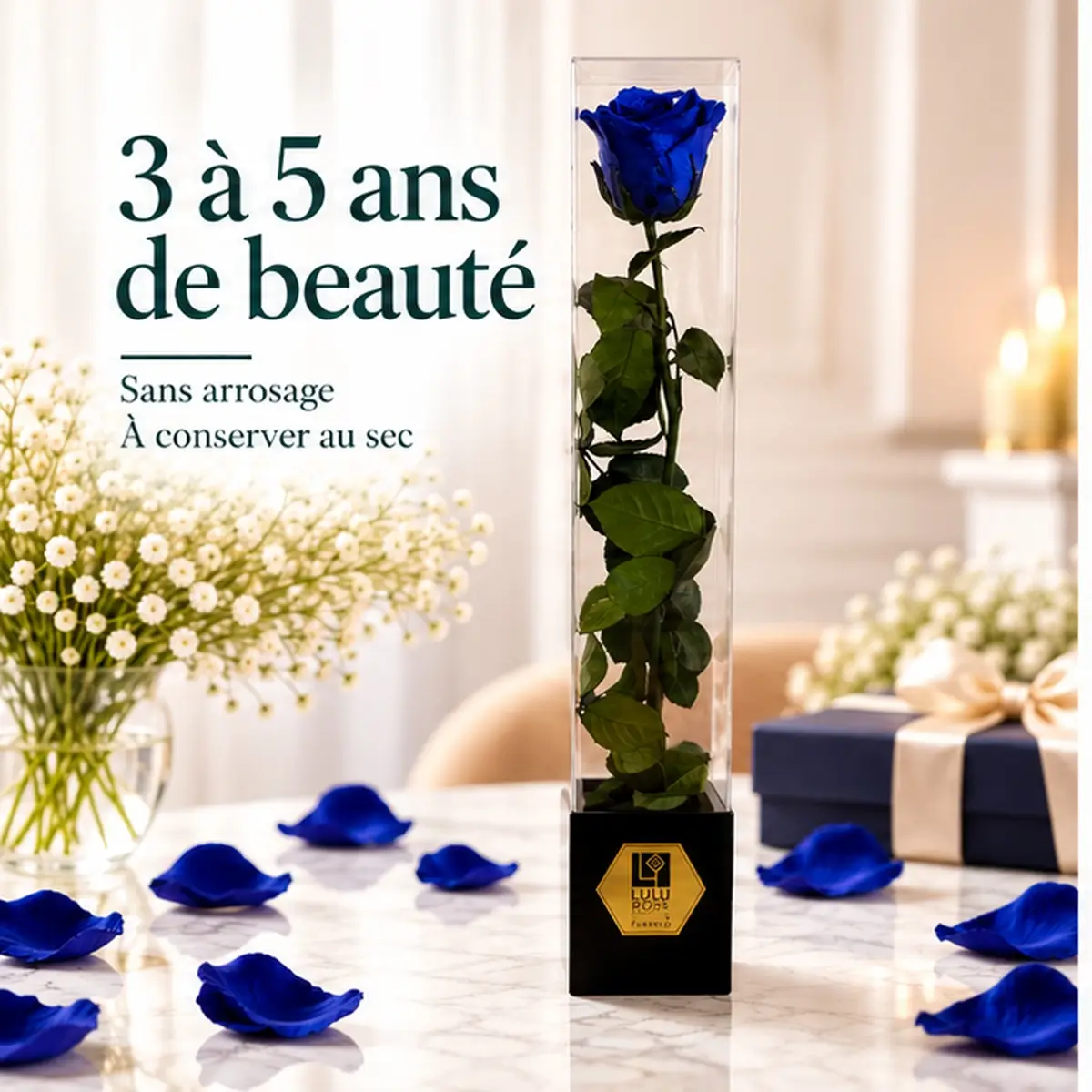 Rose bleue stabilisée de 60 cm en coffret transparent, 3 à 5 ans de beauté