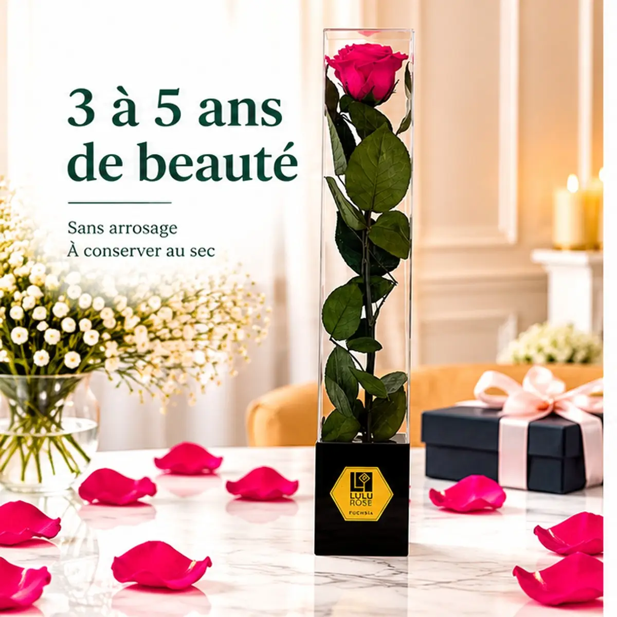 Rose fuchsia stabilisée 60 cm en coffret transparent, 3 à 5 ans de beauté