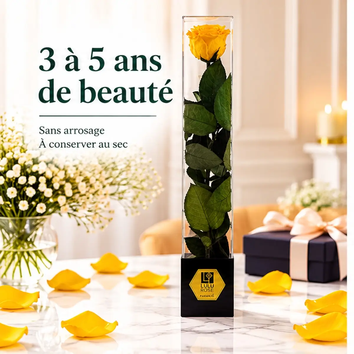 Rose jaune stabilisée de 60 cm en coffret transparent, 3 à 5 ans de beauté