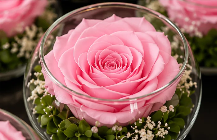 Gros plan sur une rose rose stabilisée en boule de verre