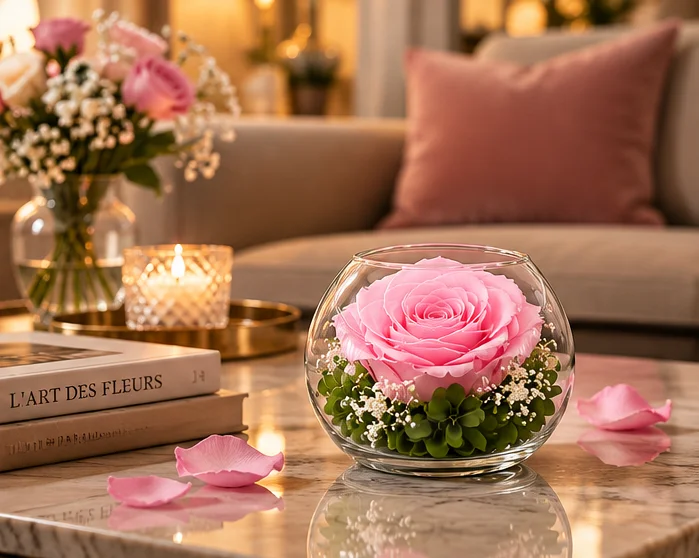 Rose rose stabilisée en boule de verre dans un salon