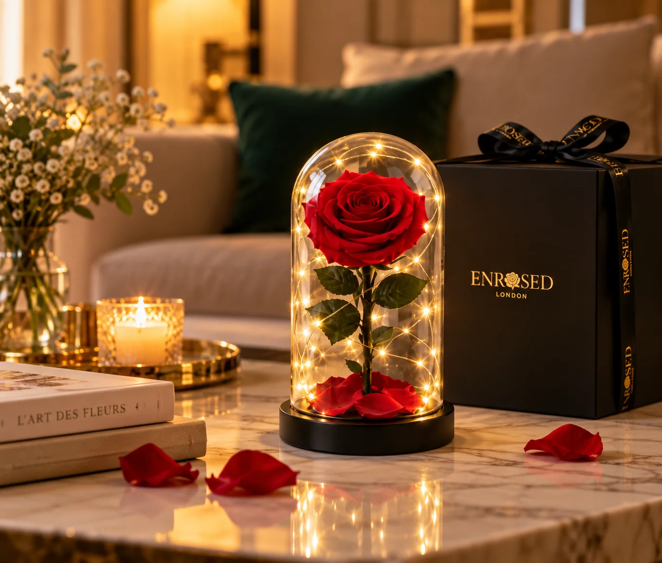 Rose rouge stabilisée sous cloche lumineuse sur une table de salon, avec coffret cadeau noir et ambiance chaleureuse
