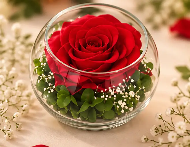 Gros plan de rose rouge stabilisée dans une boule de verre