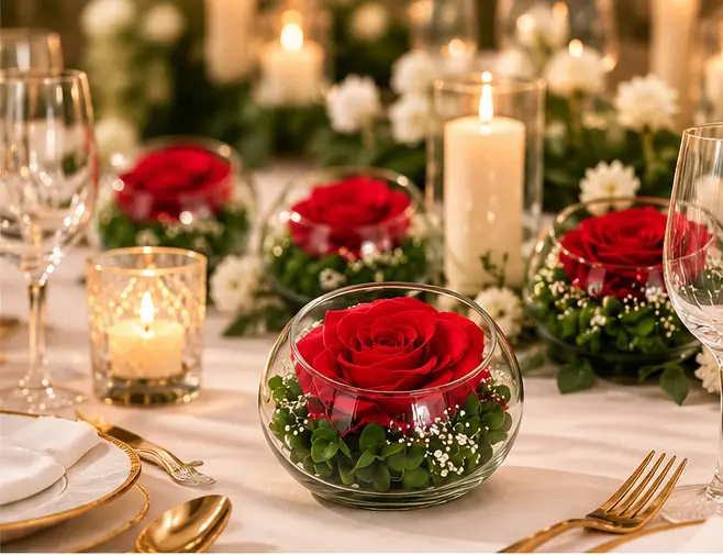 Roses rouges stabilisées en boules de verre sur table de mariage