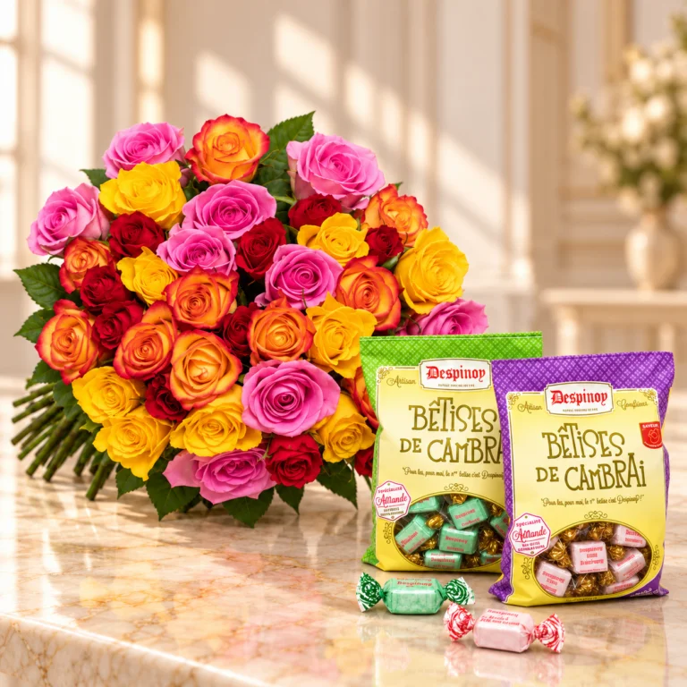 Bouquet Tutti Frutti coloré accompagné de deux sachets de Bêtises de Cambrai