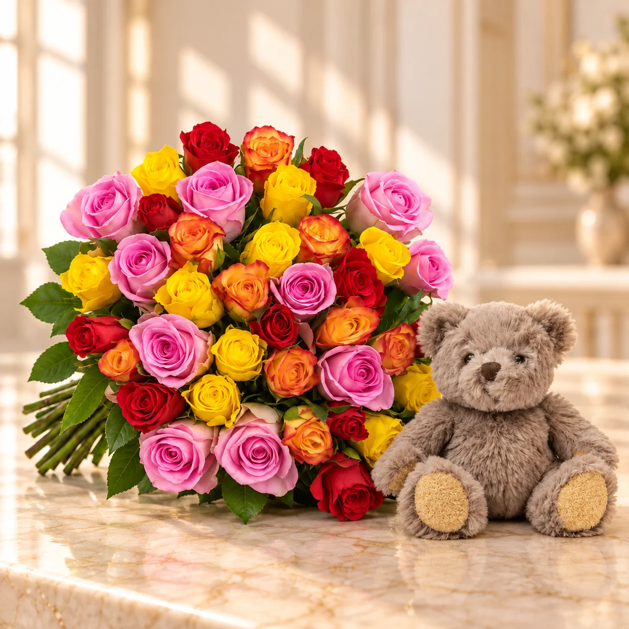 Bouquet Tutti Frutti accompagné de son ourson en peluche